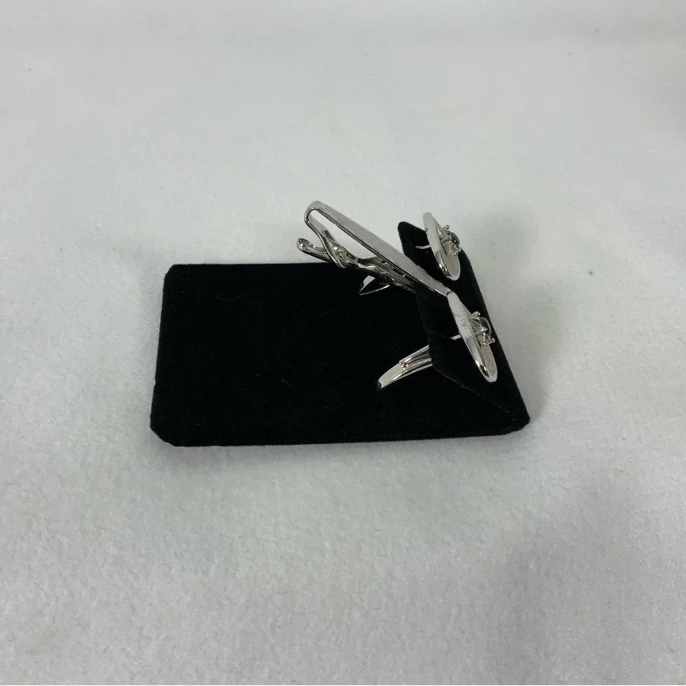 SWANK Silver Cufflinks with Gray Quartz Stone Matching Tie Clip Set